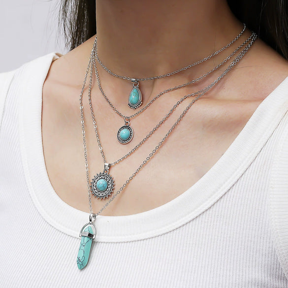 Bohemian Style Turquoise Inlaid Geometric Alloy Necklace With Electroplating