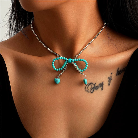 Bohemian Style Turquoise Inlaid Geometric Alloy Necklace With Electroplating