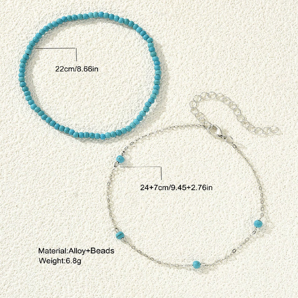 Bohemian Style Turquoise Rice Bead Anklet Set Alloy Geometric Women's Foot Accessories