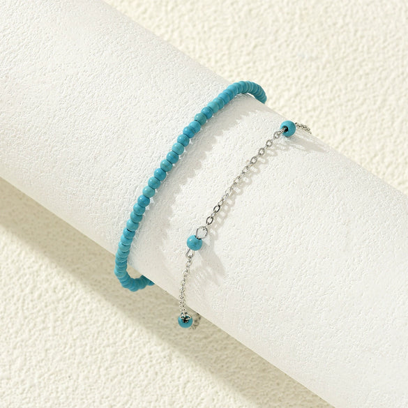Bohemian Style Turquoise Rice Bead Anklet Set Alloy Geometric Women's Foot Accessories