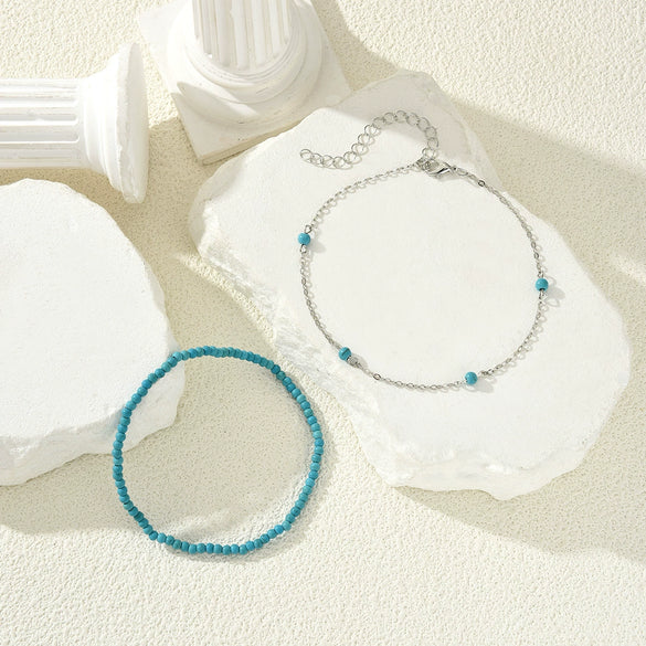 Bohemian Style Turquoise Rice Bead Anklet Set Alloy Geometric Women's Foot Accessories