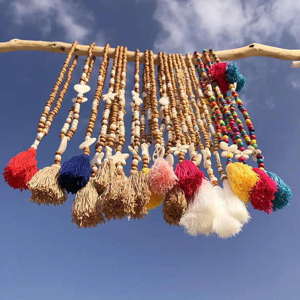 Bohemian Style Wooden Bead Tassel Butterfly Necklace Women'S Crystal Turquoise Long Sweater Chain
