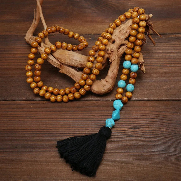 Bohemian Style Wooden Bead Tassel Butterfly Necklace Women'S Crystal Turquoise Long Sweater Chain