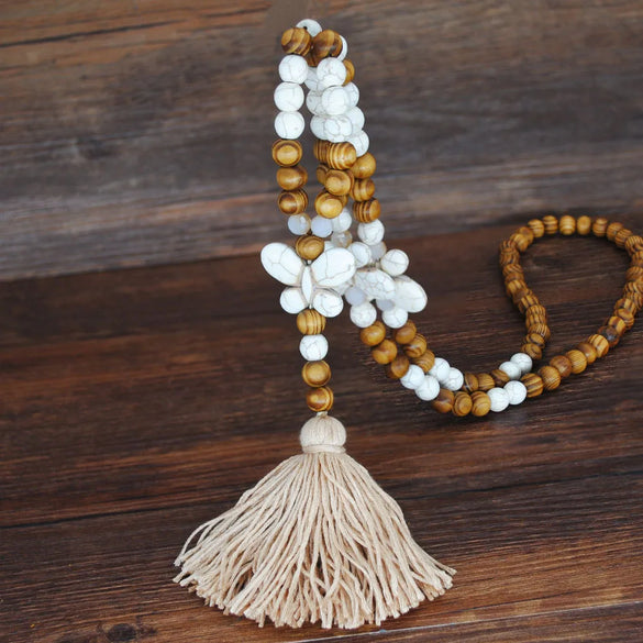 Bohemian Style Wooden Bead Tassel Butterfly Necklace Women'S Crystal Turquoise Long Sweater Chain