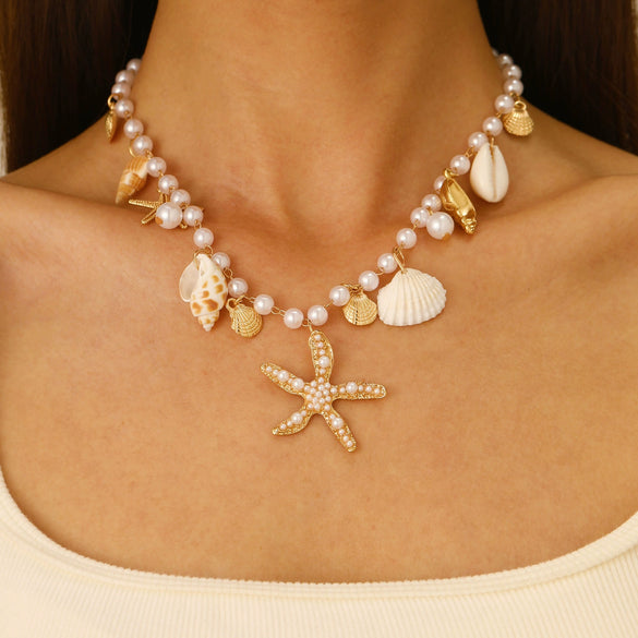 Bohemian Summer Beach Shell Imitation Pearl Starfish Conch Alloy Jewelry With Electroplating For Women