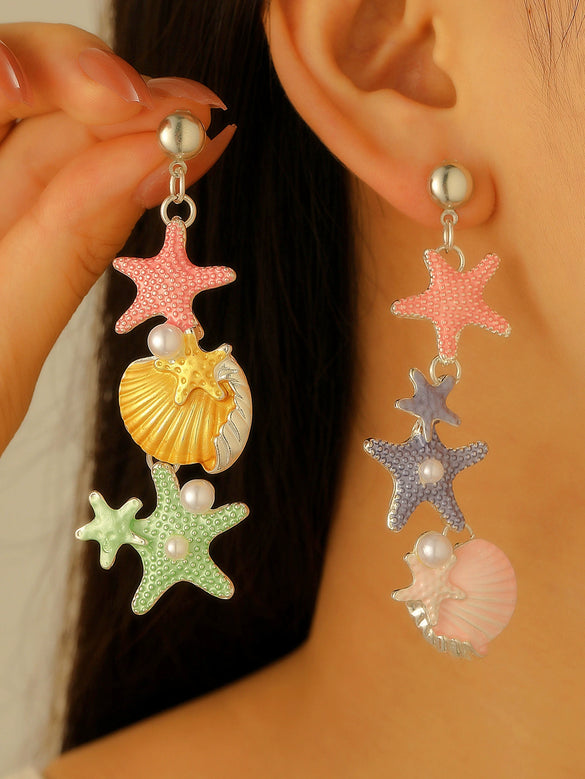 Bohemian Summer Beach Shell Imitation Pearl Starfish Conch Alloy Jewelry With Electroplating For Women
