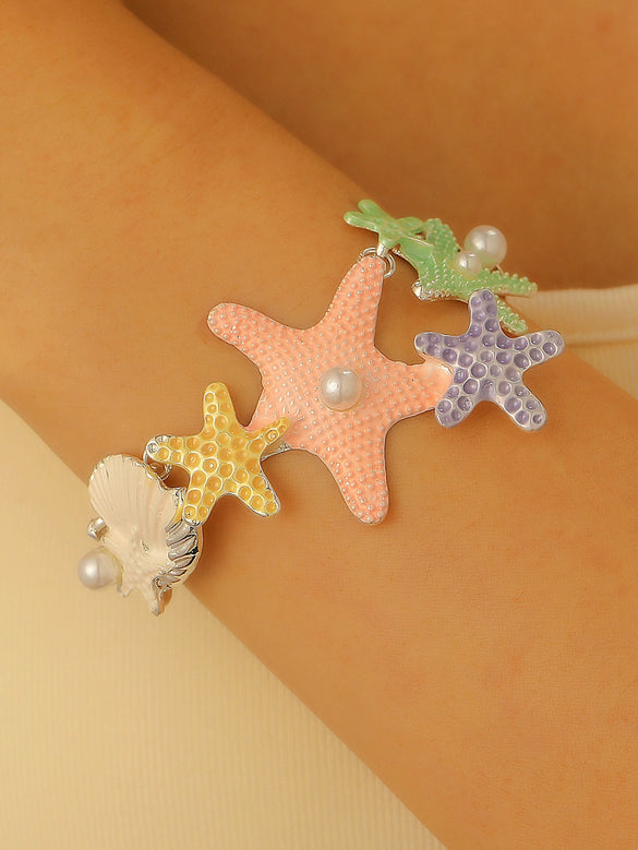 Bohemian Summer Beach Shell Imitation Pearl Starfish Conch Alloy Jewelry With Electroplating For Women