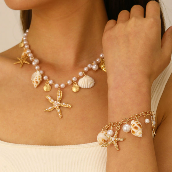 Bohemian Summer Beach Shell Imitation Pearl Starfish Conch Alloy Jewelry With Electroplating For Women