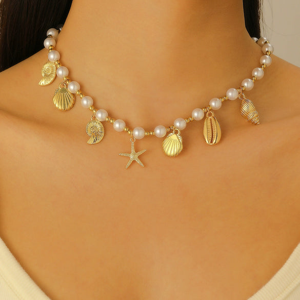 Bohemian Summer Beach Shell Imitation Pearl Starfish Conch Alloy Jewelry With Electroplating For Women