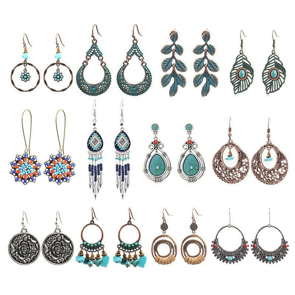 Bohemian Vintage Leaf Drop Shape Handmade Rice Bead Woven Alloy Earrings With Electroplating