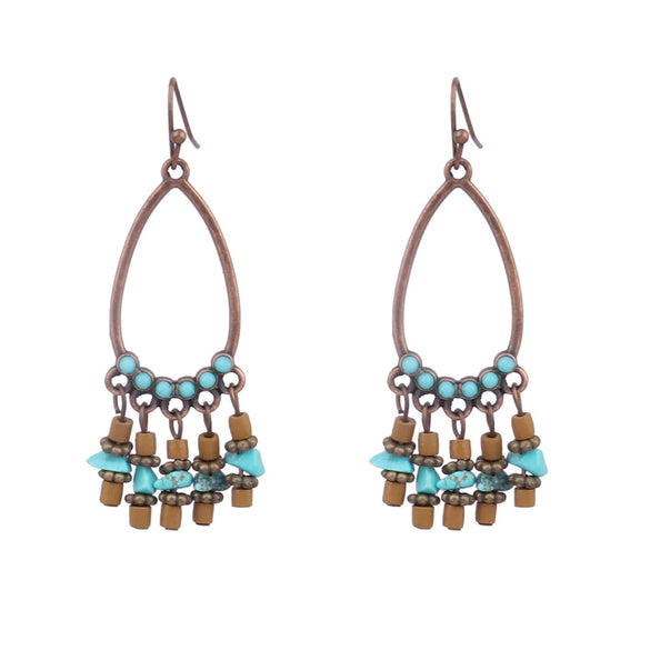 Bohemian Vintage Leaf Drop Shape Handmade Rice Bead Woven Alloy Earrings With Electroplating