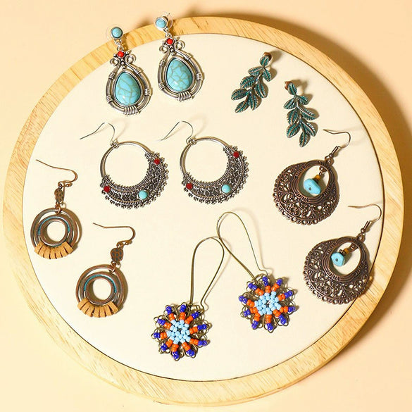 Bohemian Vintage Leaf Drop Shape Handmade Rice Bead Woven Alloy Earrings With Electroplating