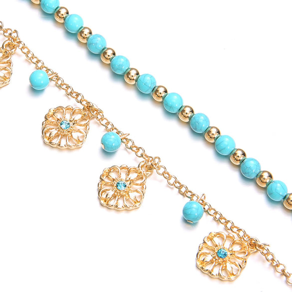 Bohemian Women's Alloy Anklet With Turquoise Beads Blue Diamond Flower Plate Tassel Combination Electroplated Geometry Pattern