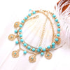 Bohemian Women's Alloy Anklet With Turquoise Beads Blue Diamond Flower Plate Tassel Combination Electroplated Geometry Pattern
