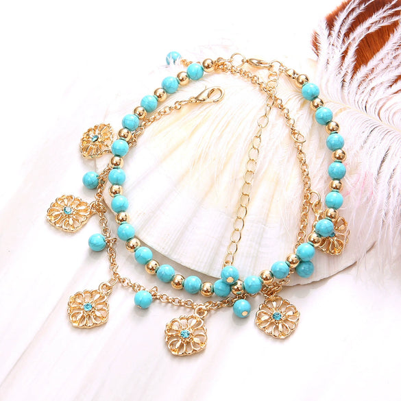Bohemian Women's Alloy Anklet With Turquoise Beads Blue Diamond Flower Plate Tassel Combination Electroplated Geometry Pattern