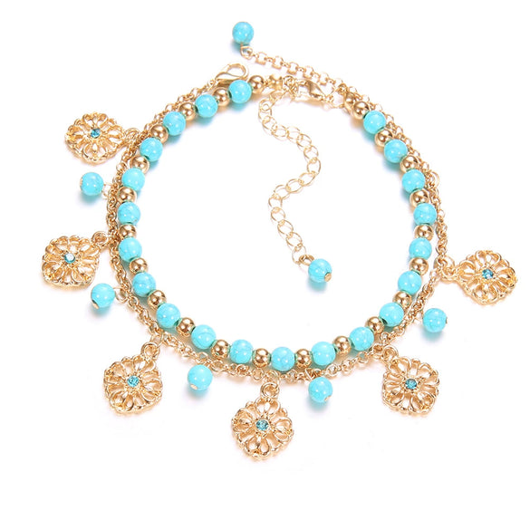 Bohemian Women's Alloy Anklet With Turquoise Beads Blue Diamond Flower Plate Tassel Combination Electroplated Geometry Pattern