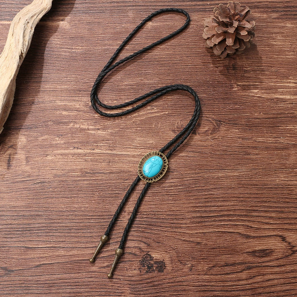 Bolo Tie Pendant Sweater Chain Artificial Leather And Alloy Retro Style Geometric And Plaid Pattern