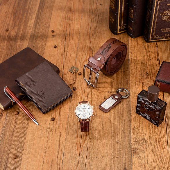 Boutique Gift Suit With Pu Belt Wallet Perfume Keychain Large Dial Quartz Watch Pen In Modern Simplicity Style