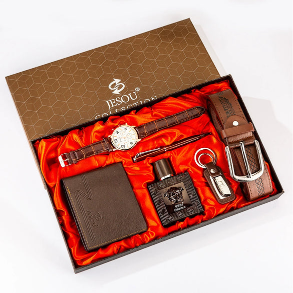Boutique Gift Suit With Pu Belt Wallet Perfume Keychain Large Dial Quartz Watch Pen In Modern Simplicity Style