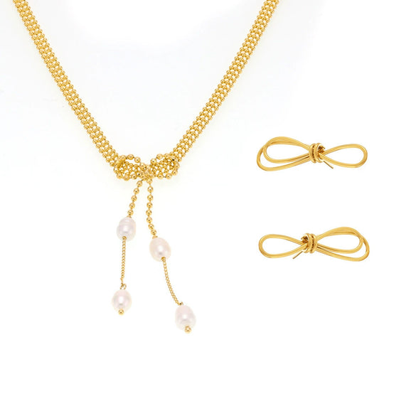 Bow Earrings And Tassel Freshwater Pearl Necklace In Stainless Steel With 18K True Gold Plated Electroplating For Women