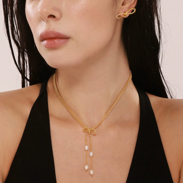 Bow Earrings And Tassel Freshwater Pearl Necklace In Stainless Steel With 18K True Gold Plated Electroplating For Women