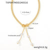 Bow Earrings And Tassel Freshwater Pearl Necklace In Stainless Steel With 18K True Gold Plated Electroplating For Women