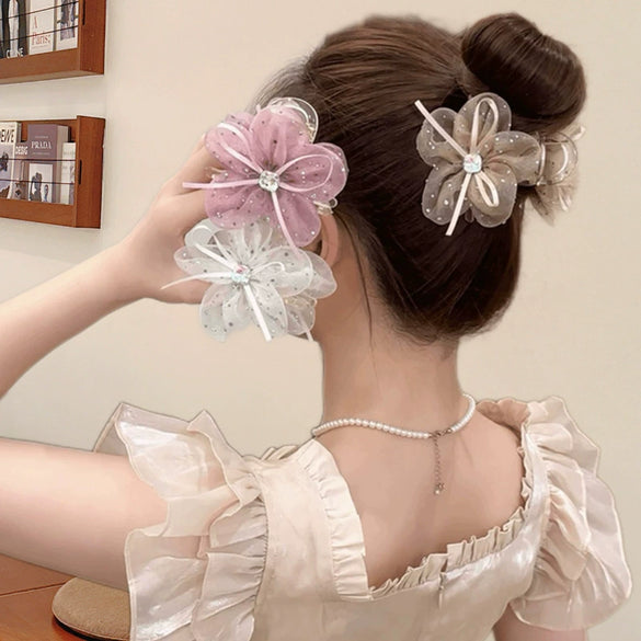 Bow Mesh Ribbon Flower Handmade Hairpin For Women Shark Clip Ponytail Clip Hair Accessories
