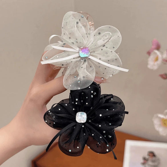 Bow Mesh Ribbon Flower Handmade Hairpin For Women Shark Clip Ponytail Clip Hair Accessories