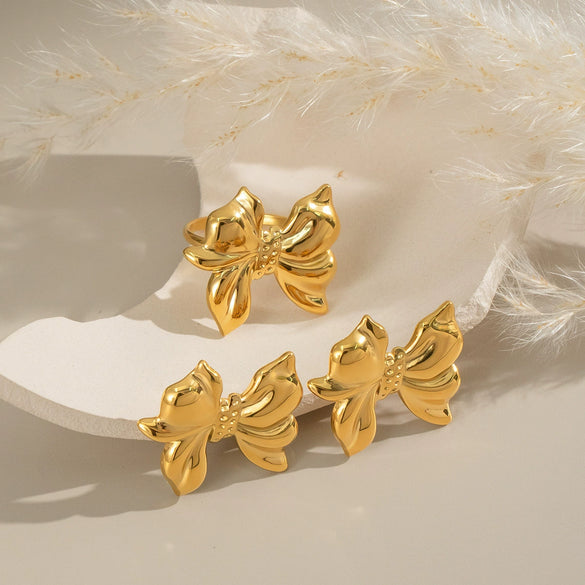 Bow Shaped Stainless Steel Earrings And Rings With Electroplating Niche Light Luxury High End Princess Style Non Fading Jewelry For Women