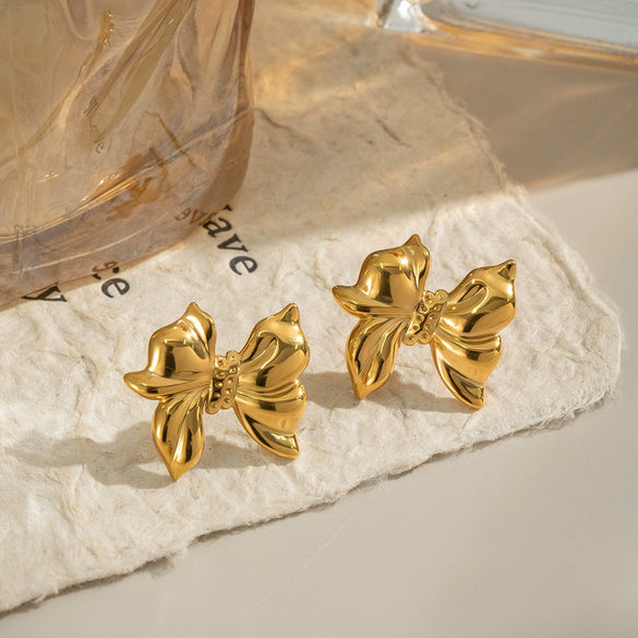 Bow Shaped Stainless Steel Earrings And Rings With Electroplating Niche Light Luxury High End Princess Style Non Fading Jewelry For Women