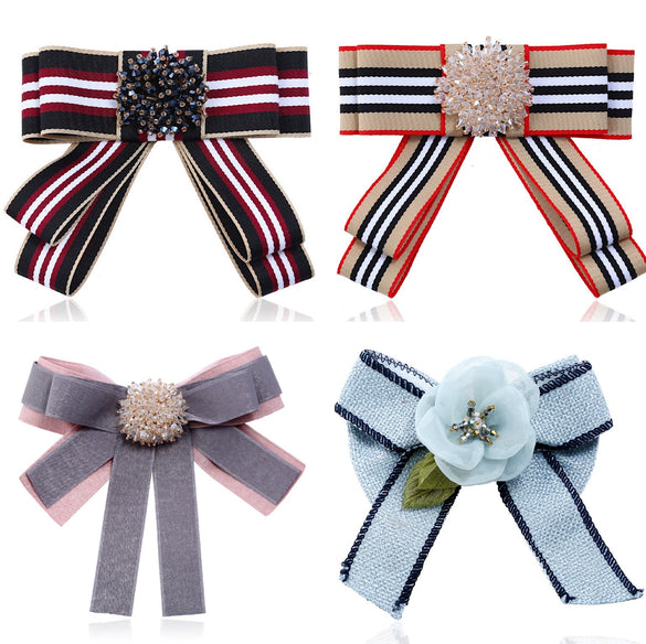 Bow Tie Collar Pin Brooch Fabric Crystal Fashion Accessory