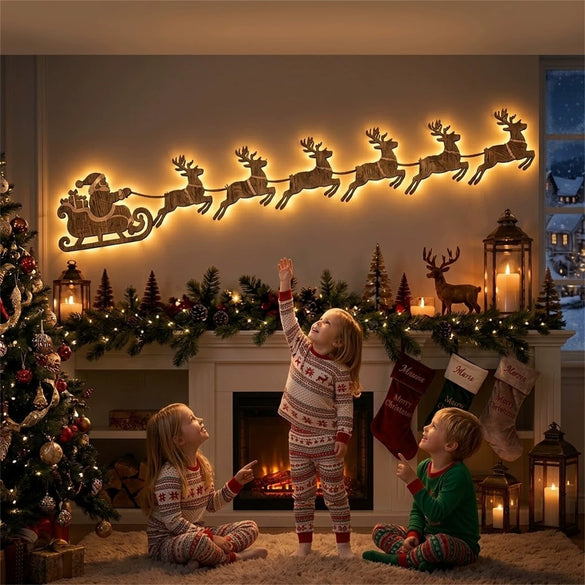 Boxwood Illuminated Wall Hanging Decoration With Reindeer Sleigh Silhouette Printed Festive Lightup Holiday Pendant
