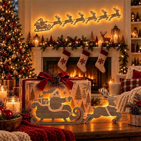 Boxwood Illuminated Wall Hanging Decoration With Reindeer Sleigh Silhouette Printed Festive Lightup Holiday Pendant