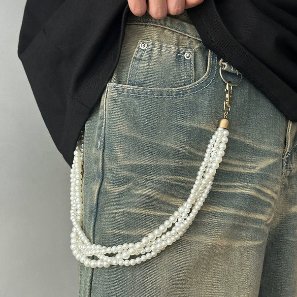 Boys Jeans Accessories Hiphop Winding Imitation Pearl Pants Chain With Buttons And Double Circle Belt Loops