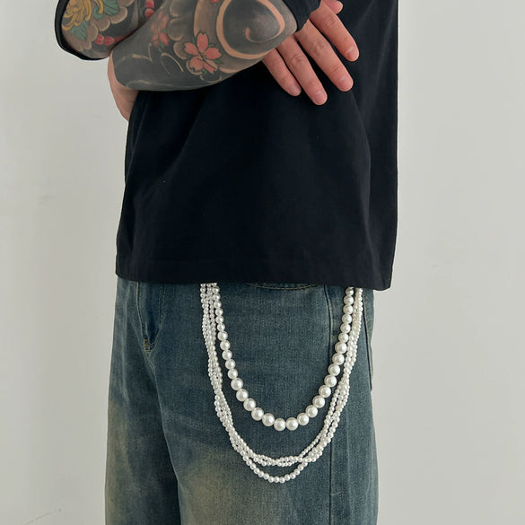 Boys Jeans Accessories Hiphop Winding Imitation Pearl Pants Chain With Buttons And Double Circle Belt Loops