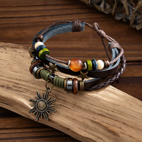 Bracelet Alloy Bohemian Braided Rope Stacked Metal Sun Constellation Pendant Electroplating Women's