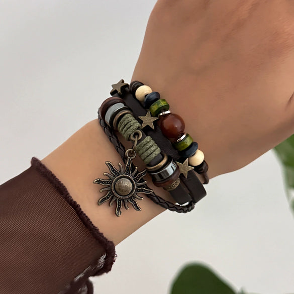 Bracelet Alloy Bohemian Braided Rope Stacked Metal Sun Constellation Pendant Electroplating Women's