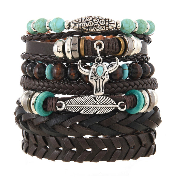 Bracelet Alloy Geometric Vintage Hand Knitting Unisex Sunflower Feather Cow's Head Multi Layer Elastic Rope Coconut Shell