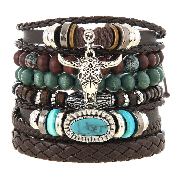Bracelet Alloy Geometric Vintage Hand Knitting Unisex Sunflower Feather Cow's Head Multi Layer Elastic Rope Coconut Shell