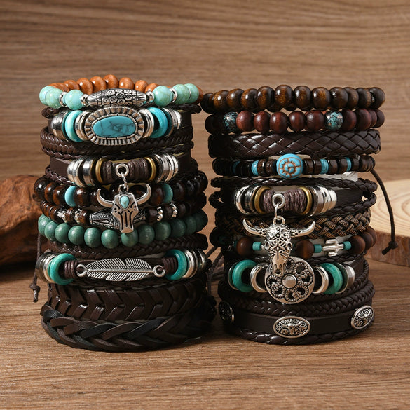 Bracelet Alloy Geometric Vintage Hand Knitting Unisex Sunflower Feather Cow's Head Multi Layer Elastic Rope Coconut Shell