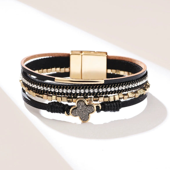 Bracelet Alloy Leather Clover Leaves Diamond Fashion