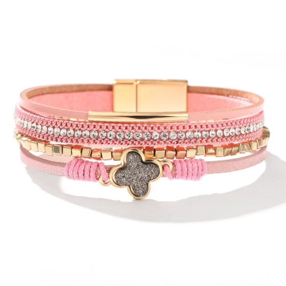 Bracelet Alloy Leather Clover Leaves Diamond Fashion