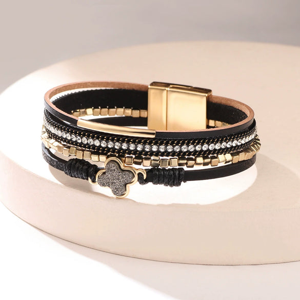 Bracelet Alloy Leather Clover Leaves Diamond Fashion