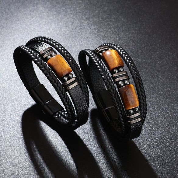 Bracelet Alloy Multilayer Leather Tiger Eye Handmade Geometric Style Unisex