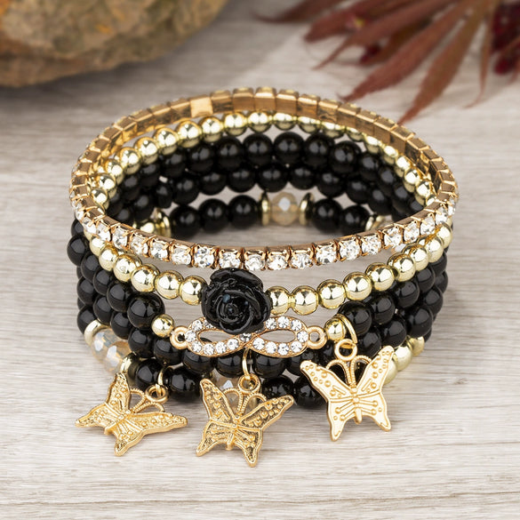 Bracelet Alloy Vintage Bohemian Style Electroplating Multi Layer Beads Rose Bow Diamond Embedded Women's