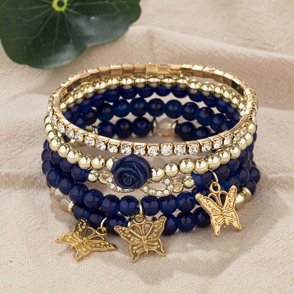 Bracelet Alloy Vintage Bohemian Style Electroplating Multi Layer Beads Rose Bow Diamond Embedded Women's