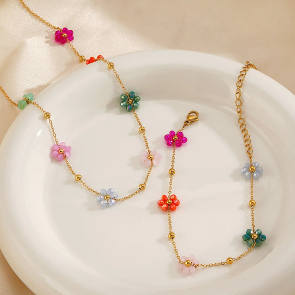 Bracelet And Necklace Jewelry Stainless Steel Gold Plated Handmade With Floral Pattern O Shaped Chain For Women