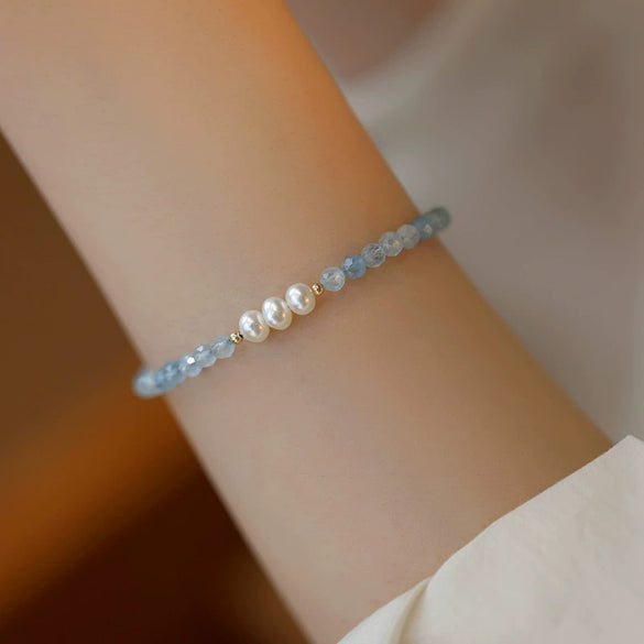 Bracelet Aquamarine Pearl Geometric Handmade For Women