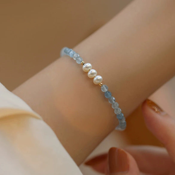 Bracelet Aquamarine Pearl Geometric Handmade For Women