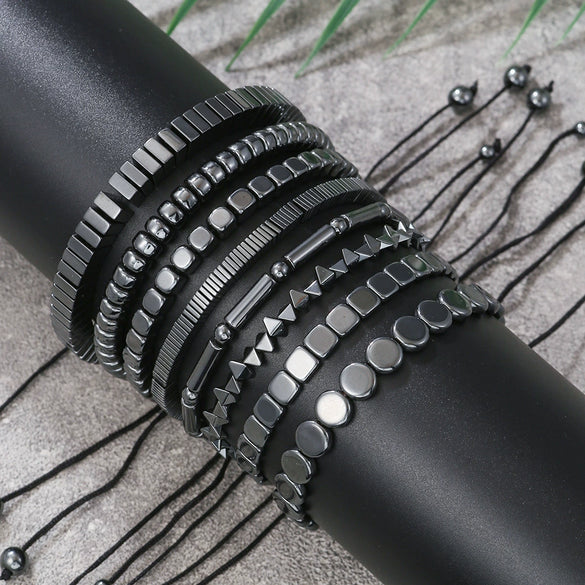 Bracelet Black Gall Stone Geometric Handmade Square Round Rivet Flat Beads Unisex